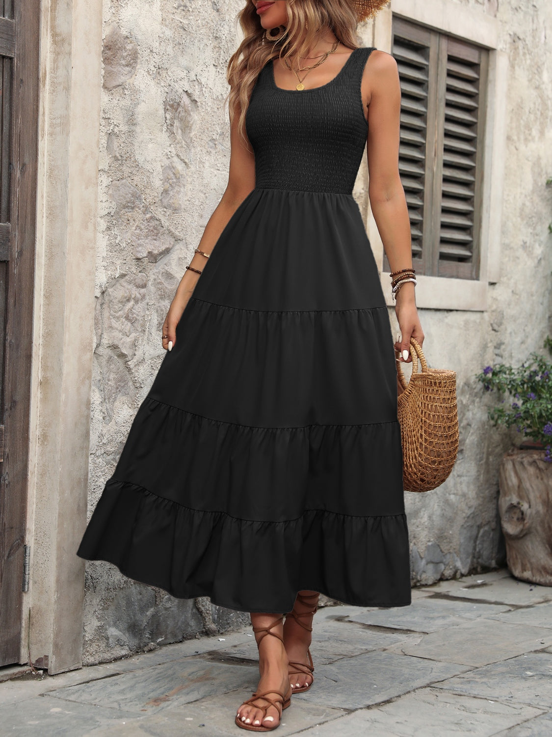 Smocked Scoop Neck Sleeveless Tank Dress - store name